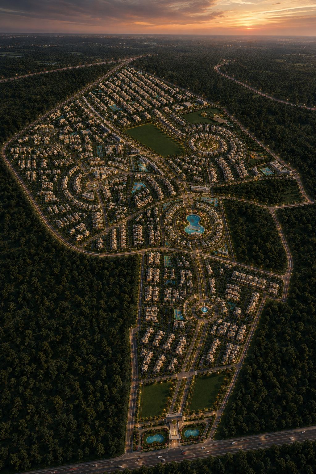 Highway City Executive Enclave master plan aerial view